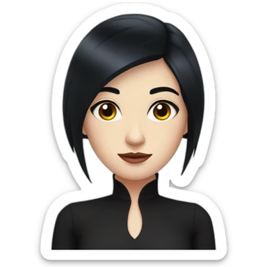 pale woman, long straight black hair, wearing dark night dress, eyes are red sticker