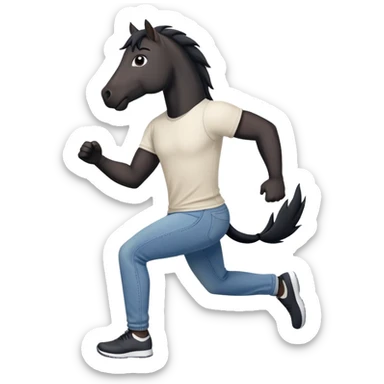 friendly anthropomorphised black stallion in jeans and a t-shirt, jogging upright in standard pose sticker