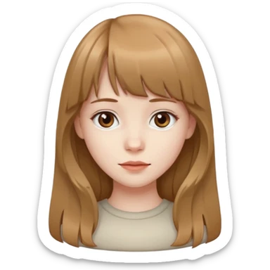 Pale skinned girl with light brown hair and dark brown eyes. She has bangs and her hair is slightly big wavy and long sticker