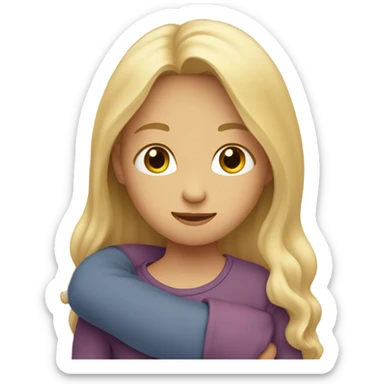 Mother, long blonde hair and son with dark hair and fair skin hugging sticker