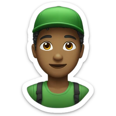 A boy wearing a green dress with written in it His hair is black and he's wearing a green cap. sticker