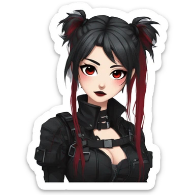 Gorgeous gothic dark techwear anime style lady with blushing face aesthetic and pretty edgy black red punk messy ponytail hair with collar and harness trending style sticker