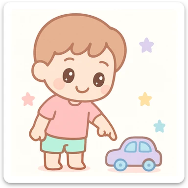 a boy pointing down at his toy, colorful illustration style sticker