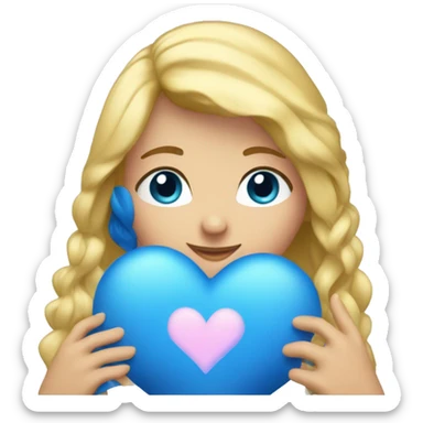 Girl with blonde hair shaping blue heart with her hands sticker