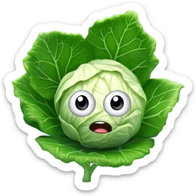 Create a 3D "White colored cabbage" with a surprised face and big shiny eyes 👀. one green leaf, white colored copta holds the mirror with its reflection 🪞 sticker