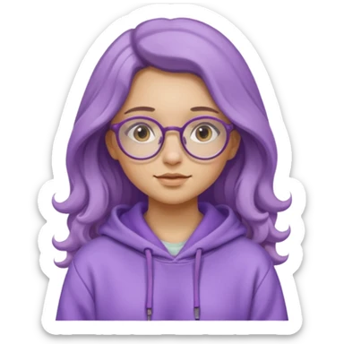 Chica de pelo largo y ondulado, con gafas redondas y expresión suave; viste una sudadera lila y transmite un estilo tranquilo y relajado. sticker