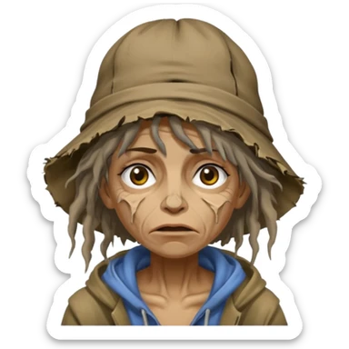 very dirty looking homeless woman with ripped hat and face with ugly hair sticker