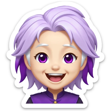 Chibi Sable Ward laughing hard, exaggerated laugh, head tilted back, white hair with purple streaks, fully purple eyes, extremely happy expression sticker