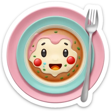 of a dirty plate after eating, leftover food scraps, sauce stains on the plate, small fork and spoon resting on the plate, slightly messy but funny, soft pastel colors, rounded shape, clean background, kawaii style, expressive and playful, high quality, emoji style sticker