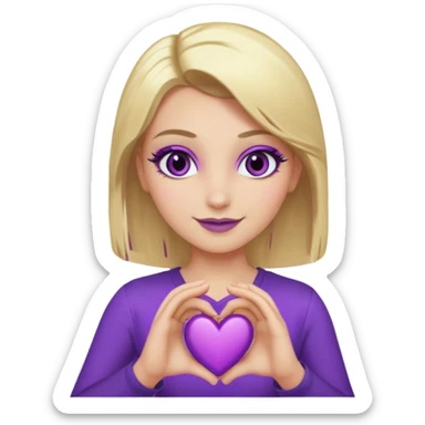 twitch emote, kinda chibi style. blonde hair: long, straight, no bangs. gray eyes. an eyebrow with a slit. purple eyeshadow/eyeliner with gold eyeshadow. only face and arms, hands visible. happy, holding a purple heart. white background. sticker