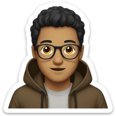 A young man wearing glasses, a brown hoodie, and black hair sticker