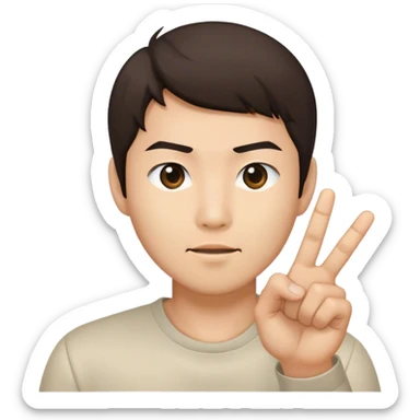 a brunette Asian man who points his fingers to the front sticker