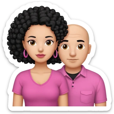 A picture if a couple. the man is a Mexican man with  black hair, a bald hair cut and black shirt on. the woman is mixed with black and white, with curly shoulder length hair and a pink shirt on sticker