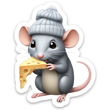 Rat eating a bug price of cheese while wearing a winter hat sticker