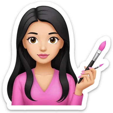 Pink Nail Tech with black long hair holding small acrylic brush sticker