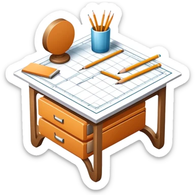 Icon for Furniture Design: a furniture drawing with 3D models of furniture pieces placed on top, accompanied by rulers and a pencil. The icon should represent the design process with focus on precision and modeling. Transparent background. sticker
