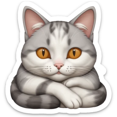 grey and white small cat with its eyes closed lying down with its head resting own paw sticker