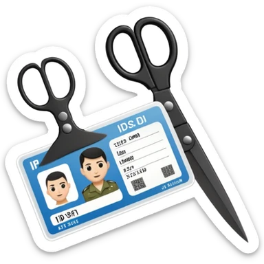 Floating black Scissors cutting in half an idf soldier ID card with a little chip in 2 parts sticker