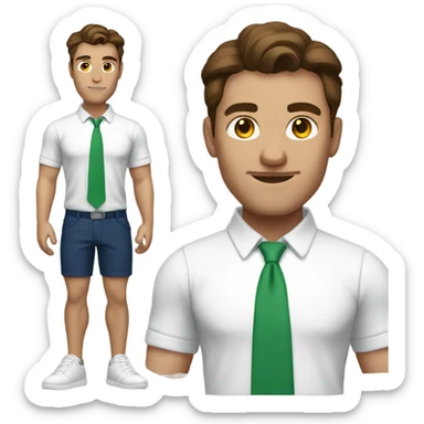 Tall, strong man, brown hair, green shoes, white skin wearing a white blouse and dark blue shorts sticker
