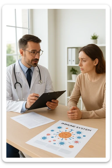 a doctor sits across from a patient in a bright, modern medical office. The doctor holds a clipboard and gently explains the diagnosis, while the patient listens with a concerned but attentive expression. On the desk, there are medical charts and a diagram of the immune system. The mood is empathetic and professional. sticker