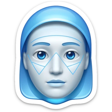 A non-human presence appearing as a glowing blue-white holographic interface with floating geometric shapes or a faint head-and-shoulders outline and no physical facial features. sticker