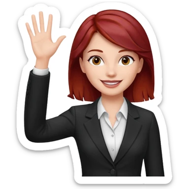 reate Emoji of white girl with bussines outfit is waveing with one hand and make her hair stronger dark red color please sticker