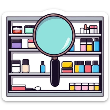 front view magnifying glass over empty beauty product shelf searching sticker