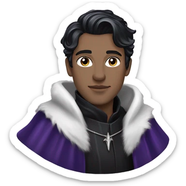 Rhysand has straight short blue-black hair, like a raven's feathers and violet/purple eyes, he wears a black cloak and a black and silver crown sticker