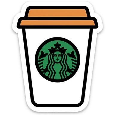 Starbucks coffee cup, white cup with green logo, simple icon sticker