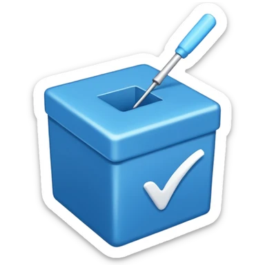 A blue box  and a white tick 1d sticker