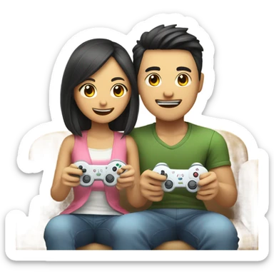 Cute Asian Couple sitting together and having fun playing video games sticker