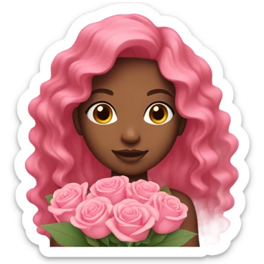 girl with long pink wavy hair holding a bouquet of pink roses  sticker