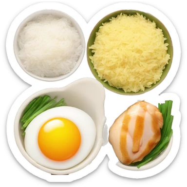 a bowl of rice with two eggs and two chicken thigh sticker