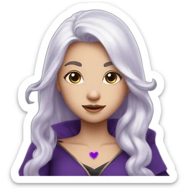 a girl with long white hair in purple top at the tip, a small heart on the left cheek black dress up like a sorcerer sticker