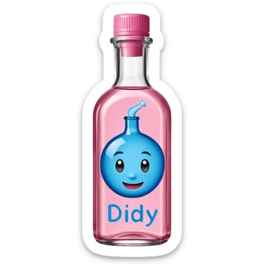 Smiling bottle of oil blue top pink outside with logo that says diddy oil sticker