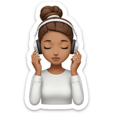 Light brown skin girl, brown hair in bun, eyes closed, white headphones on listing to music sticker