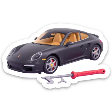 Porsche luxury car with dent repair tools like a lever and small hammer, elegant and modern sticker