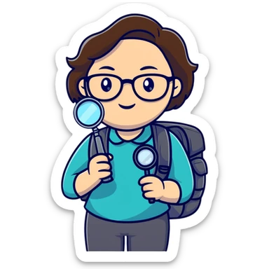 Cheerful woman hiker in her late 30s with glasses, backpack, and one magnifying glass in her right hand sticker