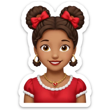 Brownskin girl dark brown hair fluffy.Two buns with red bows brown eyes smiling closed mouth red shift gold necklace sticker
