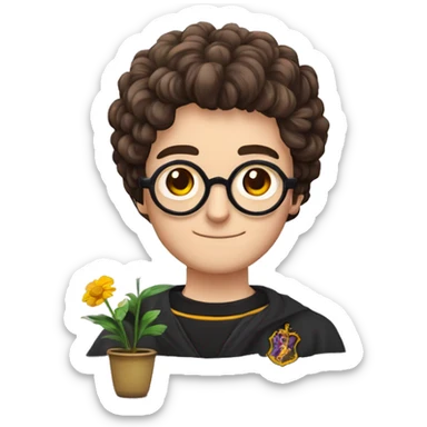 Harry potter avec les cheveux bouclés avec un pot de fleur dans les main  avec des lunettes rondes et ça cicatrices en forme de trait vertical sur le front sticker