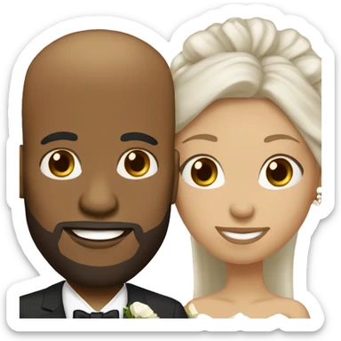 Black bald man with a beard and his wife with long, brown, curly hair on their wedding day sticker