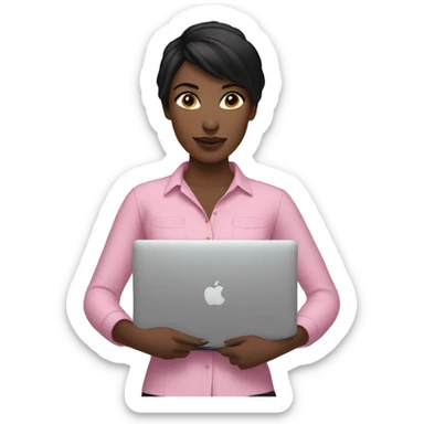 Fair-skinned woman with black hair wearing a pink shirt holding a gold macbook sticker