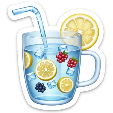 cup of water with visible berries, lemon wedges, and ice cubes, emoji style sticker