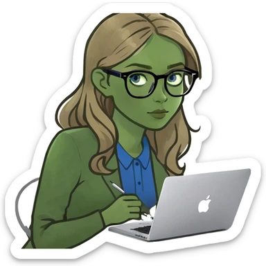 Pale skin girl with blue eyes, and dark blonde hair working with Mac  sticker