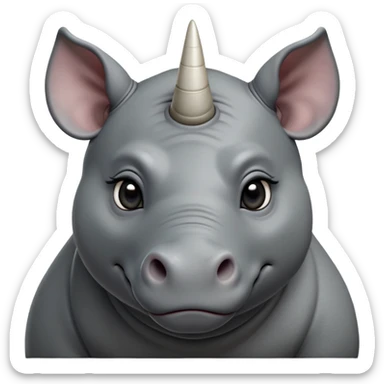 cinematic-noble-cute-young rhinoceros-portrait-emoji,slate-grey-hide-poised-and-regal,-with-a-massive,-powerful-build-and-a-thick,--deep-set-soulful-piercing-eyes,-simplified-yet-sharp-and-sophisticated-features,-highly-detailed,-large-black-eyes, white horn, front facing, zoomed out showing shoulders sticker