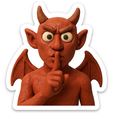 claymation style devil making a be quiet gesture, finger to lips sticker