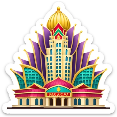 Macao Grand Lisboa Casino building, simplified emoji style with bold outlines and bright colors, cartoon style distinctive lotus-shaped tower sticker