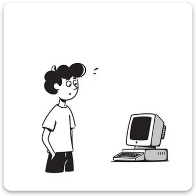 A young guy with a confused expression staring at a vintage desktop computer with bulky CRT monitor and old tower sticker