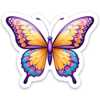 Cinematic Elegant Butterfly Portrait Emoji, Poised and ethereal, with delicate, intricately patterned wings in a kaleidoscope of soft, vibrant colors, a slender, graceful body, and gentle, observant eyes, Simplified yet exquisitely delicate features, highly detailed, glowing with a soft, radiant luminescence, high shine, intelligent and enchanting, stylized with an air of whimsical floral elegance, focused and poised, soft glowing outline, capturing the essence of a watchful butterfly that appears ready to flutter out of the screen with magical grace! sticker