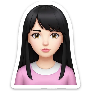 a white woman, with long, straight black hair, with a fringe, with a small pink clip in her hair, wearing a white shirt with a black design sticker